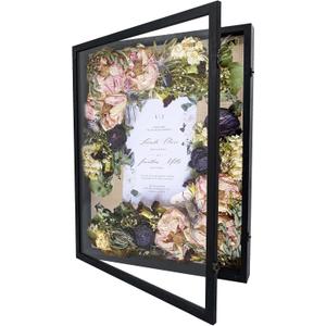 GraduationMall 18x24 Wood Shadow Box Frame Glass Door Display Case with Linen Back and 6 Stick Pins,1.5 inches Interior Depth,Ideal for Memorabilia Pictures Flowers Medals Tickets Rustic Black