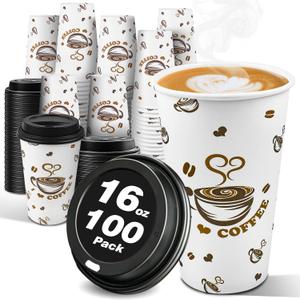 Ginkgo 100 Pack Disposable Paper Coffee Cups with Lids 16 oz, To Go Hot Cups for Hot CoCoa, Chocolate and Drinks