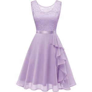 BeryLove Women's Cocktail Dresses Prom Wedding Guest Short Bridesmaid Dresses Ruffle Hem Sleeveless Lace Formal Dress (X-Large, Lavender)