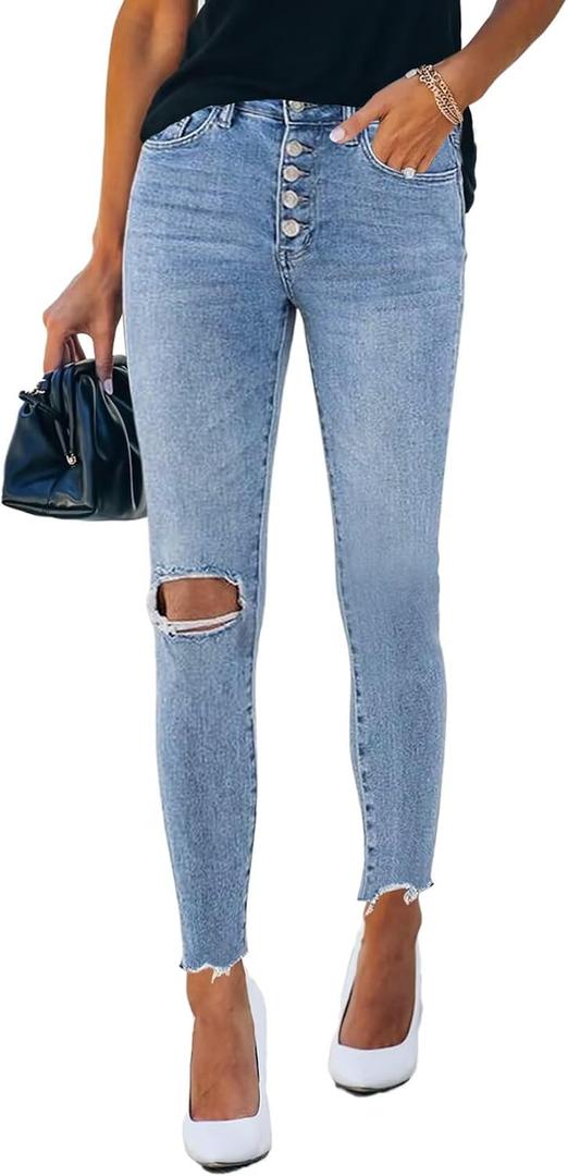 Allimy Women's High Rise Skinny Stretch Button Ripped Jeans High Waisted Destroyed Denim Pants (Blue)