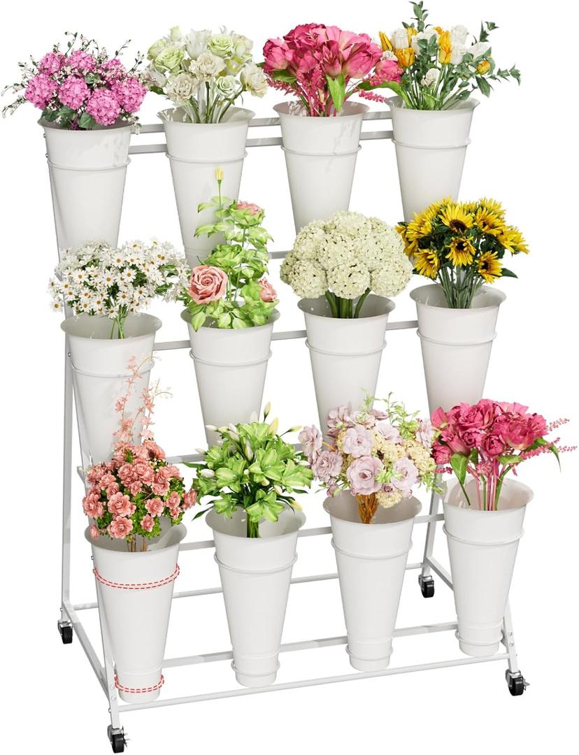 Flower Stand, 3 Tier Flower Display Stand with 12 Buckets, Upgrade Double Circle No Shaking, Outdoor Flower Cart with Wheels for Patio, Garden, Shop, Wedding, Party, Exhibition, Indoor, White