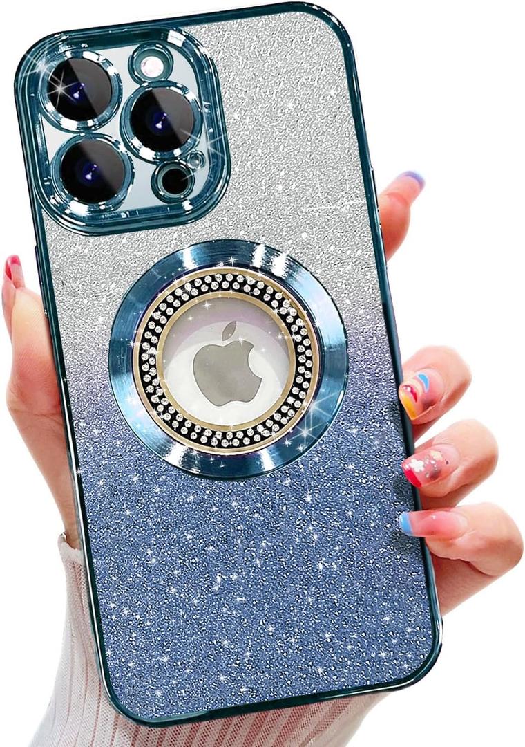 Misscase for iPhone 15 Pro Max Magnetic Case Compatible with MagSafe,Full Protection Slim Shockproof Anti-Scratch Glitter Case with Camera Lens Protector Logo View Dust-Proof Net for Women Blue