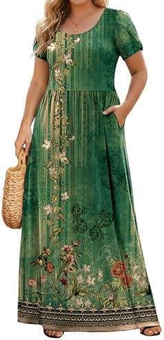 IN'VOLAND Plus Size Maxi Dresses for Women Summer Petal Short Sleeve Dress Casual Loose Flowy Long Sundress with Pockets, XL