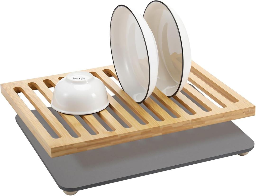 Chunful Stone Drying Mat for Kitchen Counter with Bamboo Rack, 16.7'' x 13'' Absorbent Diatomaceous Earth Dish Drying Rack Multi Purpose Mat with Non Slip Pads & Ball Legs Anti Moisture Design
