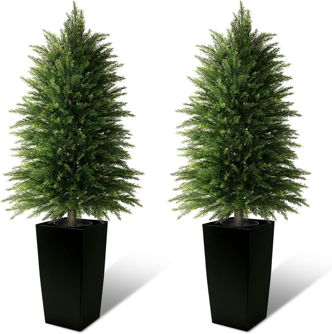 Mavis's Diary 4FT Artificial Cedar Trees Outdoor, Set of 2 in Modern Square Pots, Realistic Faux Evergreen Topiary for Porch, Garden & Home Decor