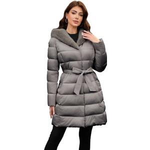 PAPILLON D'OR WEAR YOUR WINGS Women's Long Puffer Coat with Belt, Hood & Furry Lining - Knee-Length Winter Jacket, XL