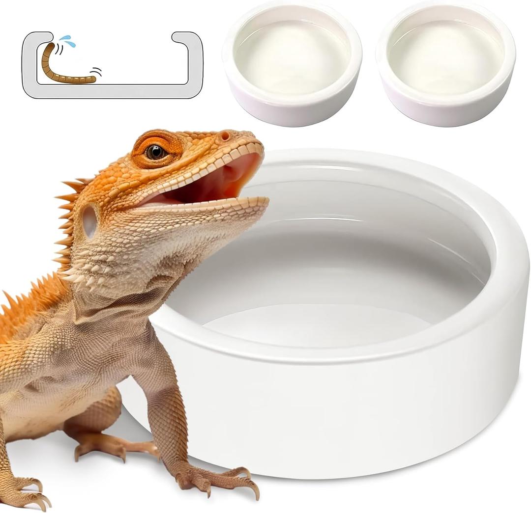 Reptile Food Dish Bowl, Worm Water Dish Small (2.75in) Lizard Gecko Ceramic Pet Bowl, Mealworms Bowls for Leopard Bearded Dragon Chameleon Hermit Crab Dubia Cricket Anti-Escape Superworm Feeder 2 Pack (White)