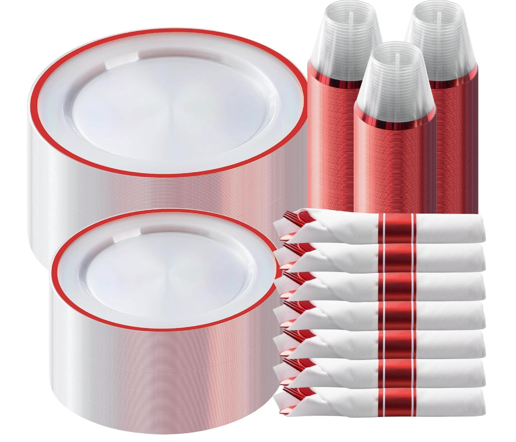 Goodluck 350 Piece Red Plastic Dinnerware Set for 50 Guests, Fancy Disposable Plates for Party, Include: 50 Dinner Plates, 50 Dessert Plates, 50 Pre Rolled Napkins with Silverware, 50 Cups