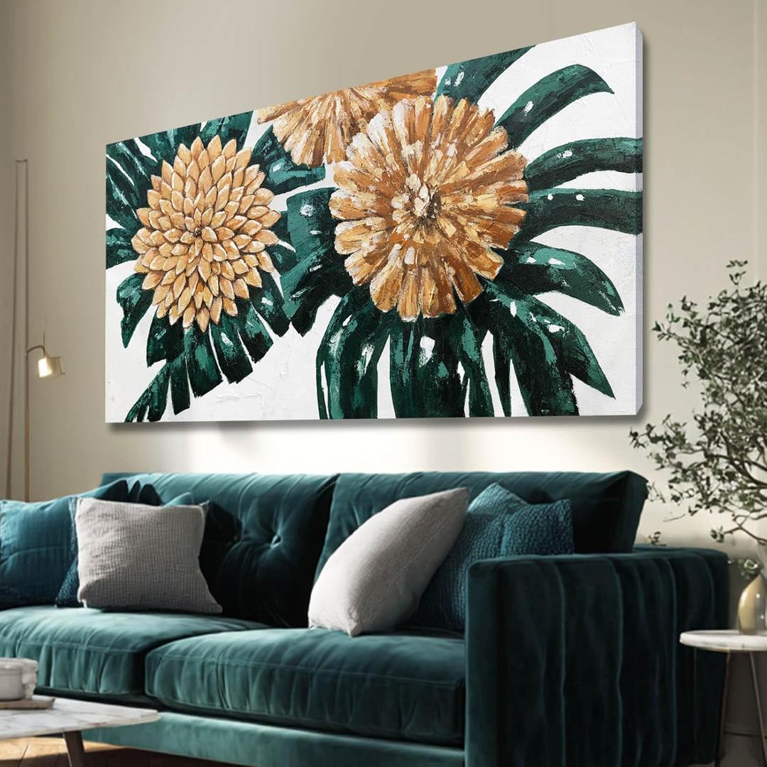 Botanical Canvas Art Gold Flowers Painting Dark Green Leaves Wall Art Photo Prints for Dining Room Office 24x48 Inch Rustic Home Decor