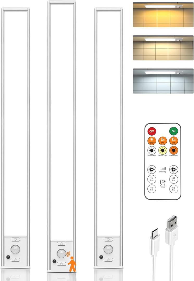 Under Cabinet Lights,80 LED Motion Sensor Light Indoor,4000mAh USB Rechargeable Closet Lights with Remote Control,3 Color Temps Wireless Under Counter Lights for Bedroom,Kitchen,Wardrobe,Stair (White-15.9 Inch)