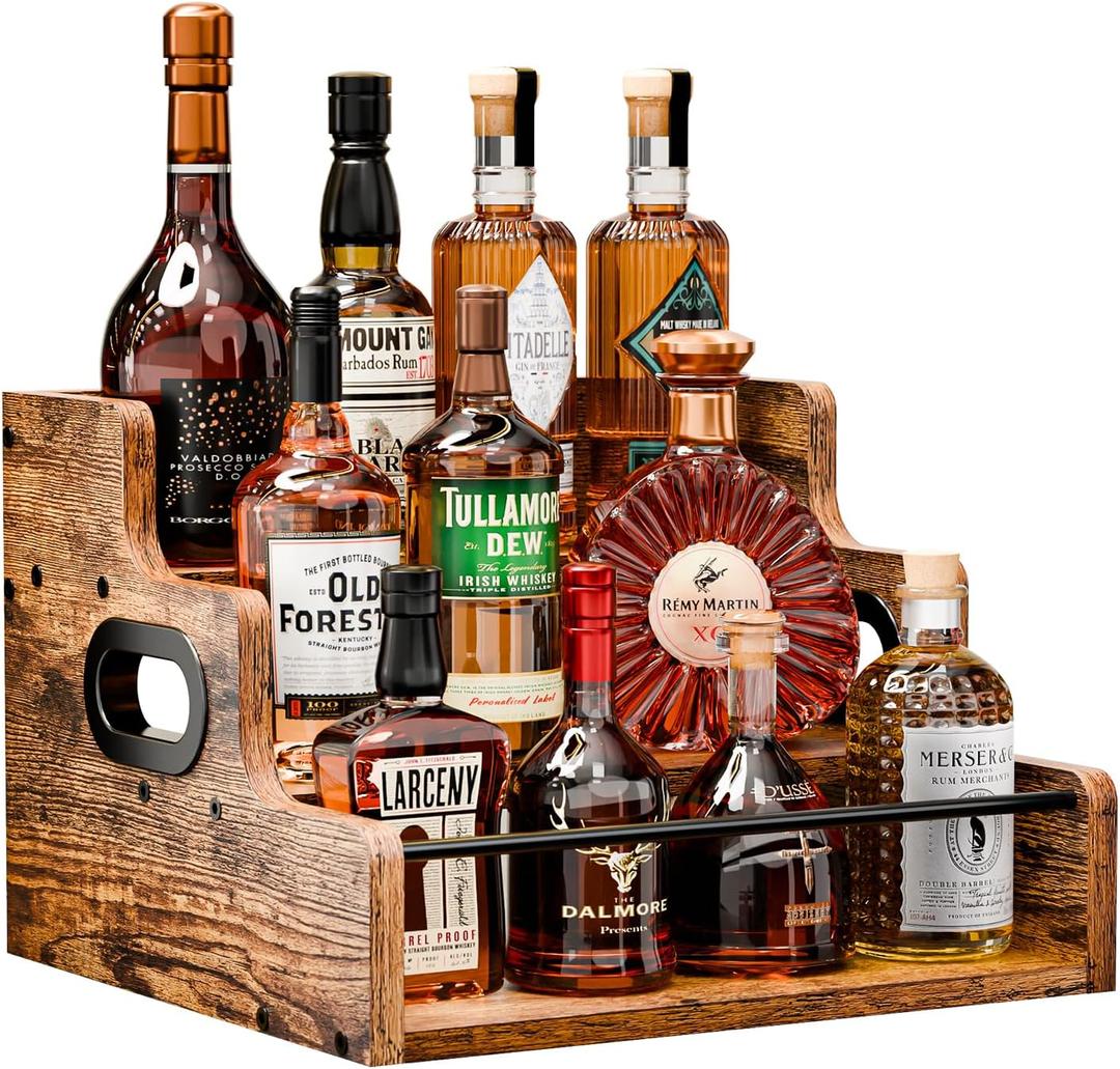 KLM Liquor Bottle Display Shelf, Coffee Syrup Rack Organizer, 3 Step Countertop Wine Rack, Mini Bar, Retro Bar Shelf Stand for Whiskey, Spirits