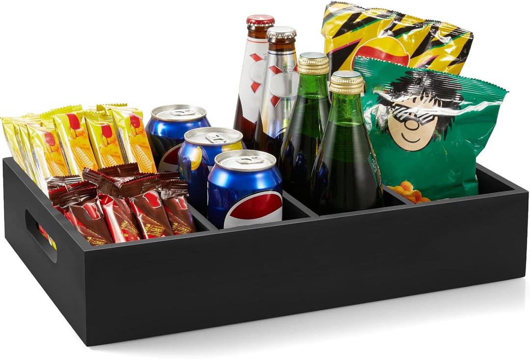DRASTAR Snack Tray Organizer, Wooden Snack Display for Counter, Snack Bar Station, Chip Organizer for Pantry Shelf, Snack Basket Organizer, Kitchen Office (Large, Black)