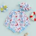 4th of July Toddler Baby Girl Swimsuit Patriotic Bow Swimwear Long Sleeve Zipper Rash Guard Ruffle Bathing Suit (Blue)