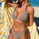 ZAFUL Women's Triangle String Bikini Set Boho Tie Side Two Piece Swimsuit Straps Halter Beads Bathing Suit (Brown, S)