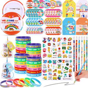Crtiin 216 Pcs First Day of School Gifts for Students Welcome Back to School Gifts Includes Pencil Badge Stickers Silicone Bracelet Bags Card for Classroom Goodie Bags Fillers Christmas Operation