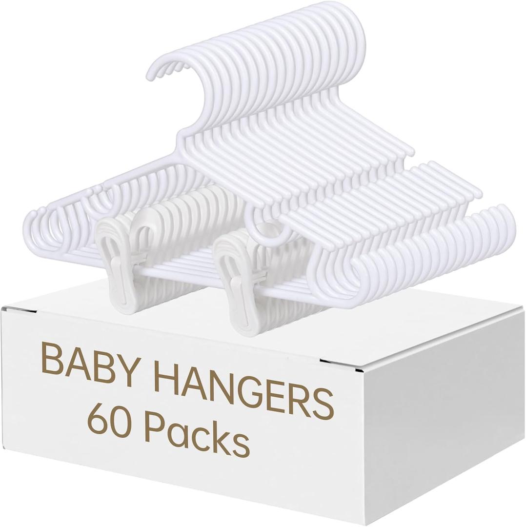 Nursery Baby Hangers with Clips, 20 Newborn Kids Plastic Clothes Hangers for Toddler Pants with 40 Clips for Children's Clothes Packs (White, 60 Packs)