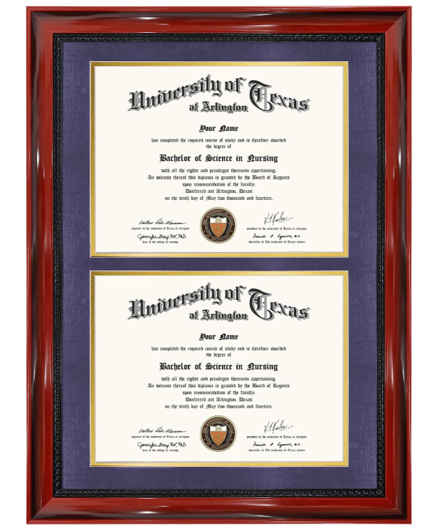 Double 8.5x11 Diploma Certificate Frame, Solid Wood & Tempered Glass, Cherry Lacquer Finish & Intricate Rope Detail, Purple over Gold Mat