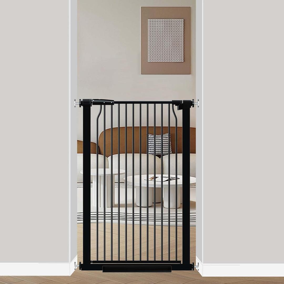 40.5" Extra Tall Baby Gate, 29.6"-32.5" Extra Wide Dog Pet Gate Pressure Mounted, Puppy Dog Proof Indoor Barrier, No Drill Safety Child Gate for Stairs 1.37" Narrow Space Metal Black Gate