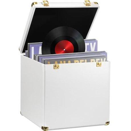 CroBlissful Large Vinyl Record Storage Case, 13 x 13 x 13 Inch for 100+ Single Records, Retro Lp Album Collection Display Box, PU Leather Water Resistant for 7/10/12 Inch Album Collection(White)