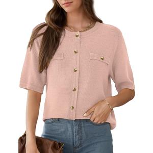 Women's Summer Button Down Shirts Casual Short Sleeve Crew Neck Ribbed Knit Blouse Open Front Work Cardigans (Black, L)