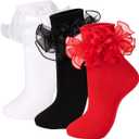 NiceBaby Women's Big Ruffle Socks Double Lace with Bows (Size 5-11, 3 Pairs) (Black)