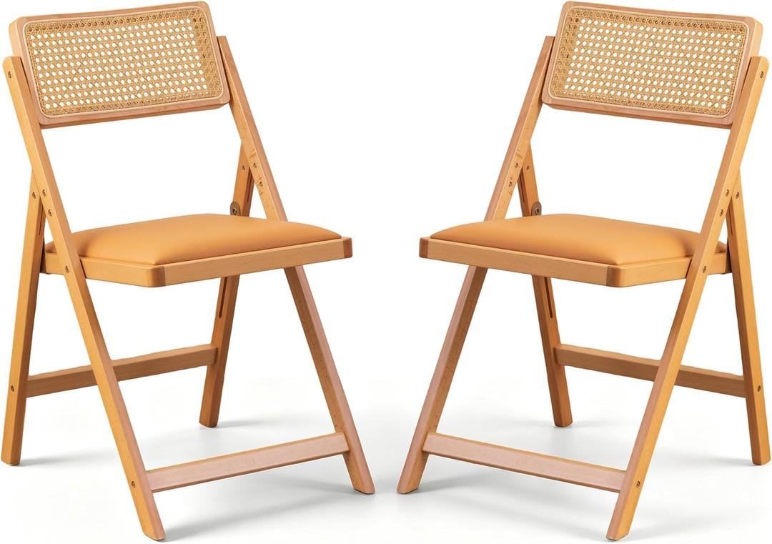 SOBIBO Wood Folding Dining Chairs, Padded Seat, Set of 2, Orange & Natural