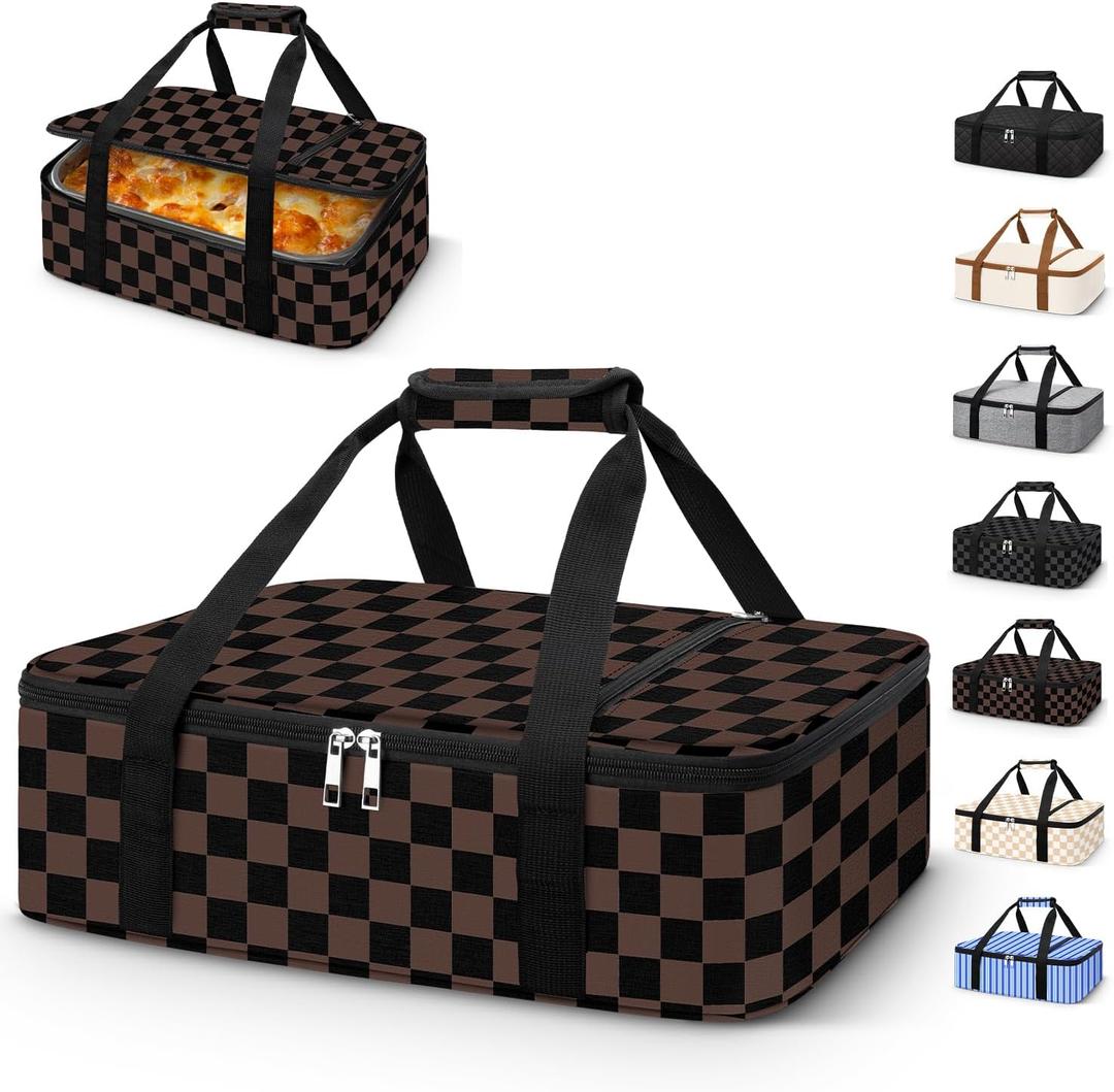 Coobiiya Insulated Casserole Carrier,Lasagna Lugger Tote Keeps Food Hot or Cold,Thermal Lunch Bag Warmer & Cooler Carrier Bag,Portable Tote Bag Fits 9" x 13" Baking Dish for Picnic and Cookouts (Single Layer: 15.75  11.8  4.7 in, Brown Grid)