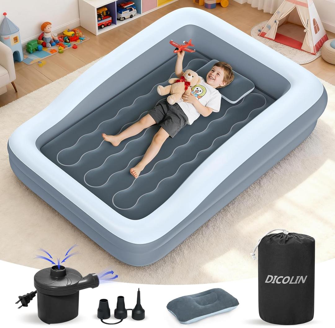 Inflatable Toddler Travel Bed - 64 Inches Grey Kids Air Mattress with Safety Sides & Fast Electric Pump - Portable Toddler Bed for Travel & Camping & Sleeping with Carry Bag