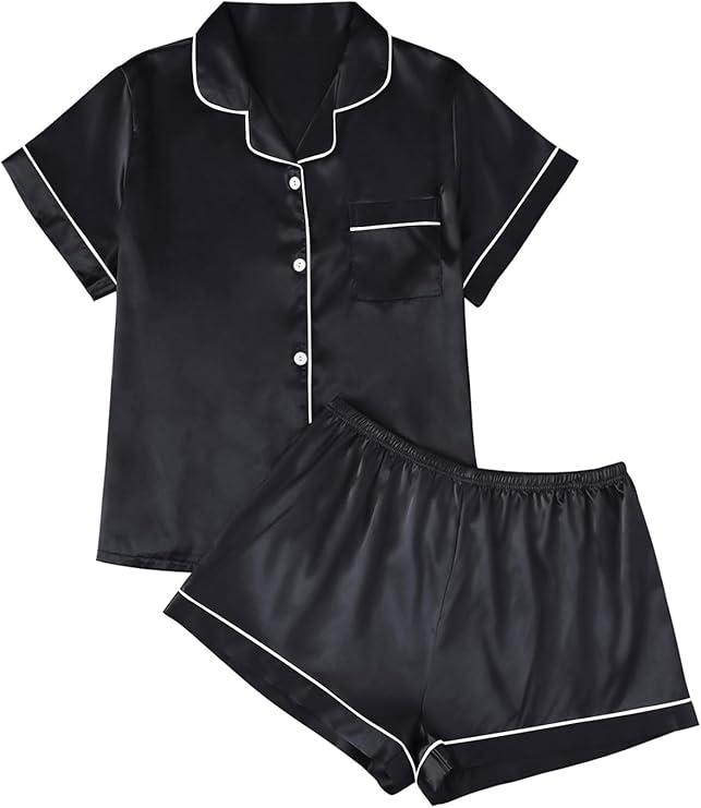 2 Pack LILLUSORY Silk Satin Pajama Set for Women 2 Piece Lounge Pjs Shorts Matching Summer Sleepwear Button Down Shirt Shorts L
