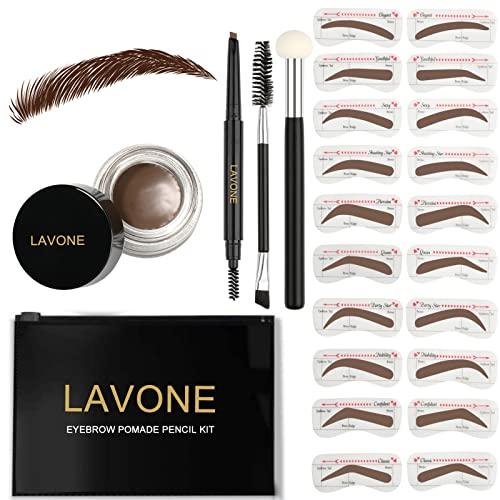 Eyebrow Stamp Stencil Kit ,Brow Stamp Trio Kit with Waterproof Eyebrow Pencil, Eyebrow Pomade, 20 Eyebrow Stencils, Dual-ended Eyebrow Brush and Sponge Applicator - Dark Brown