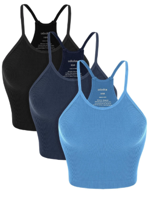 ODODOS Women's Crop 3-Pack Seamless Rib-Knit Camisole Crop Tank Tops, M/L