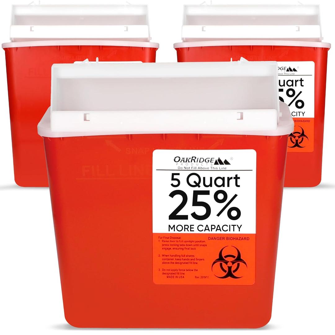 Oakridge Products Sharps Container for Home Use and Professional 5 Quart (3-Pack), Biohazard Needle and Syringe Disposal, Mailbox Style Lid, CDC Certified