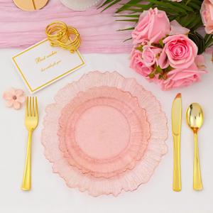 60Pcs Premium Pink Floral Plastic Plates, Fancy Clear Glitter Pink Disposable Plate, Christmas Plates, Heavy Duty Plastic Plato include 30 10" Dinner & 30 7.5" Dessert Plato for Wedding