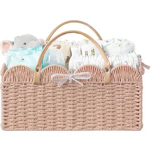 HBlife Baby Diaper Caddy, Paper Rope Storage Baskets Nursery Bin with Removable Divider, Portable Car Organizer for Diapers, Baby Shower Gifts, Newborn Essentials Must Haves (Large, Pink)