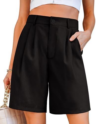 luvamia Bermuda Shorts for Women Dressy Casual High Waisted Summer Work Elastic Waist Pleated Dress Shorts with Pockets S