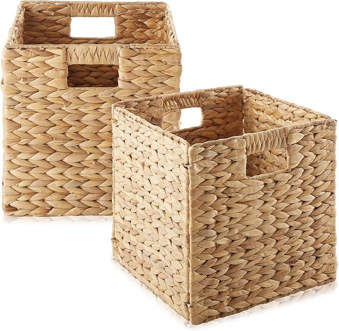 Casafield 10.5" x 10.5" Water Hyacinth Storage Baskets, Natural - Set of 2 Collapsible Cube Organizers, Woven Bins for Bathroom, Bedroom, Laundry, Pantry, Shelves