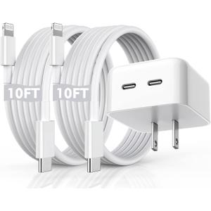 iPhone Fast Charger, 40W Dual USB-C Quick Wall Charger 10FT Charging 2pack 10FT Extra Long Lightning Cable+Double Port Foldable USBC iPhone Charger Fast Charging for iPhone 14/13/12/11/XR/XS/SE/iPad