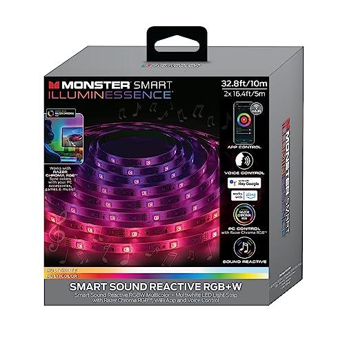 Monster 32.8ft Sound Reactive RGB+W Light Strip, Smart Multi-Color + Multiwhite, Indoor Use, App & Voice Control, Xtreme Easy Assembly