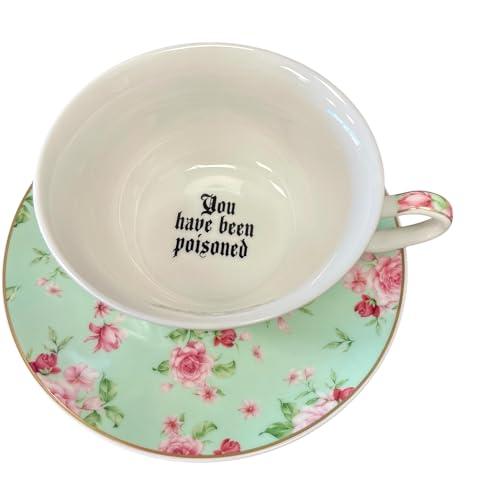Three Black Cats Bone China "You've been poisoned- Bye" Tea Cup and Saucer Set, 8 Oz, Sea Foam Green and Pink Rose Pattern, Gold Trim