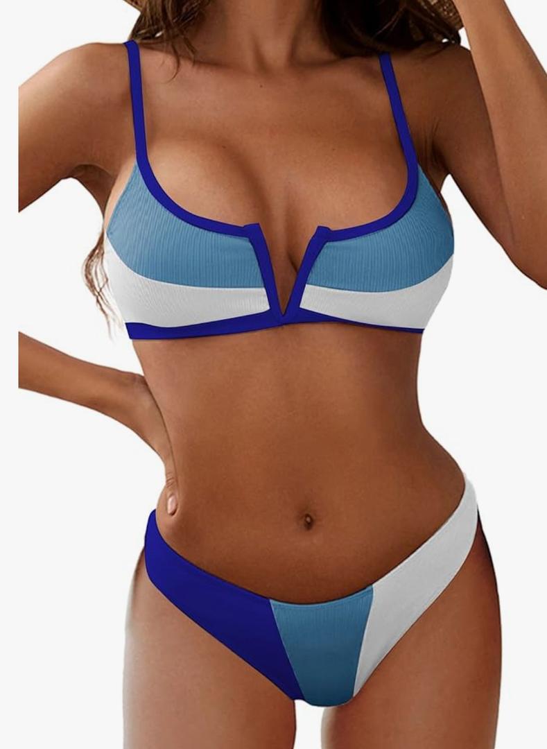 ZAFUL Women's Underwire Floral V-Wired High Leg Two Piece Bikini Set Swimsuit, Blue White, Small 
