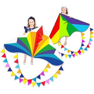 2 x Large Rainbow Delta Kite for Kids & Adults,Single Line Beach Kite for Kids Ages 4-8 & 8-12,Easy to Fly for Toddlers and Beginners