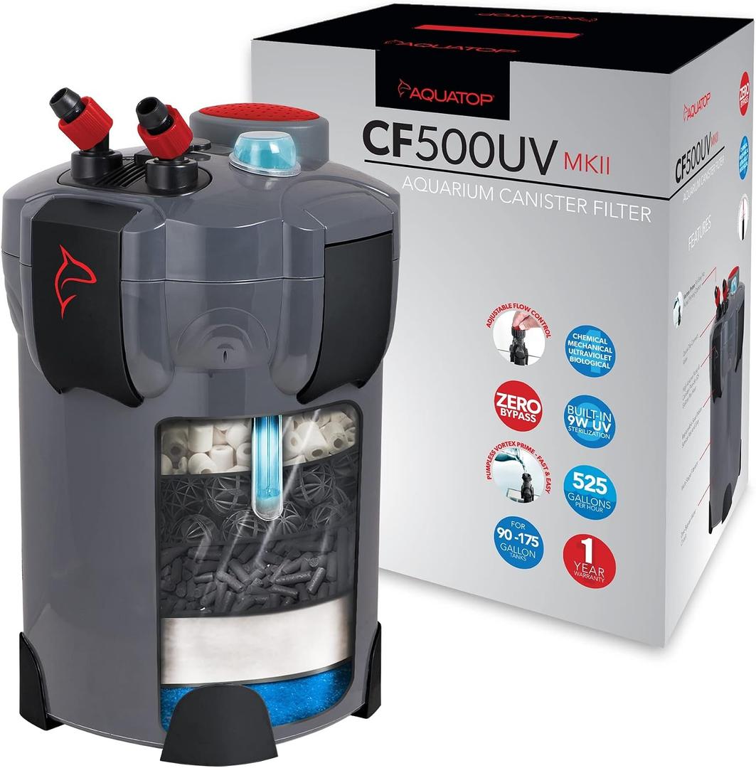 Aquatop 5-Stage Canister Filter with Vortex Prime, 9W UV, 525GPH Flow Rate, 55W Power, Up to 175 Gal – Including All Filtration Media, Great for Salt & Freshwater Tanks, UV for Crystal Clear Water