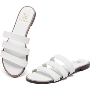 Women's Flat Sandals Dressy Open Toe Round Toe Slide Sandals Comfortable Casual Beach Slip on Slippers for Summer (White, XL)