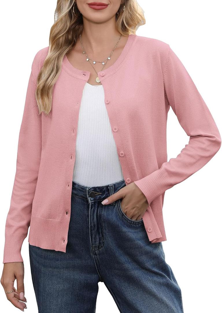 Bettysays Women's Lightweight Button Down Cardigan Casual Long Sleeve Crew Neck Soft Knit Cardigans Sweater (L)