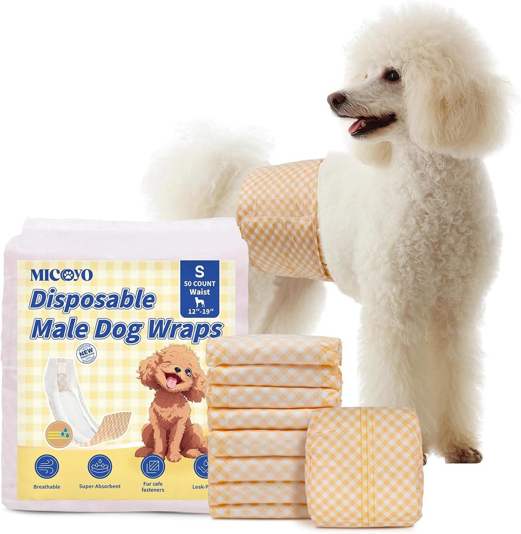 MICOOYO Disposable Male Dog Wraps, Male Dog Diapers Disposable with Wetness Indicator, Puppy Diapers Super Absorbent and Breathable, Small Size 20 Count