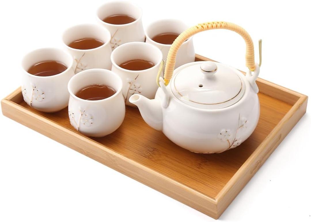 Dujust Japanese Tea Set, White Porcelain Tea Set with 1 Teapot Set, 6 Tea Cups, 1 Tea Tray, 1 Stainless Infuser, Cute Asian Tea Sets for Adults/Tea Lover/Women/Men (Plum in Golden)