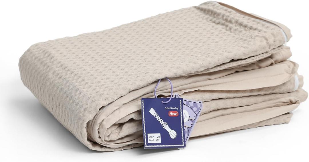 YnM Cotton Waffle Weave 3-Side Zipper Duvet Cover for Weighted Blankets | Easy on, Easy Off Oatmeal, 88"x104"