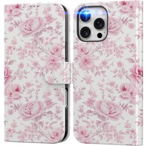 DEENAKIN for iPhone 16 Pro Wallet Case with Card Holder + Cash Clip, RFID-Blocking, Military-Grade Drop Protection, Magnetic Closure with Leather Kickstand - Blooming Pink Roses