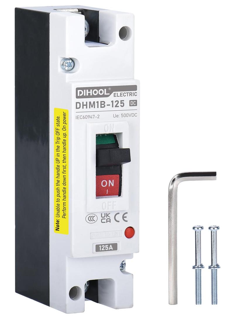 DIHOOL 125 Amp DC Breaker, Battery Disconnect Switch 500V, Thermal Magnetic Trip for Solar, Main Power, UPS