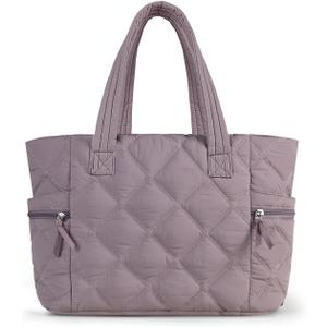 Prite Quilted Tote Bag for Women, Lightweight Puffer Tote with Zipper, Travel Work Nurse Gym Bag(Purple)